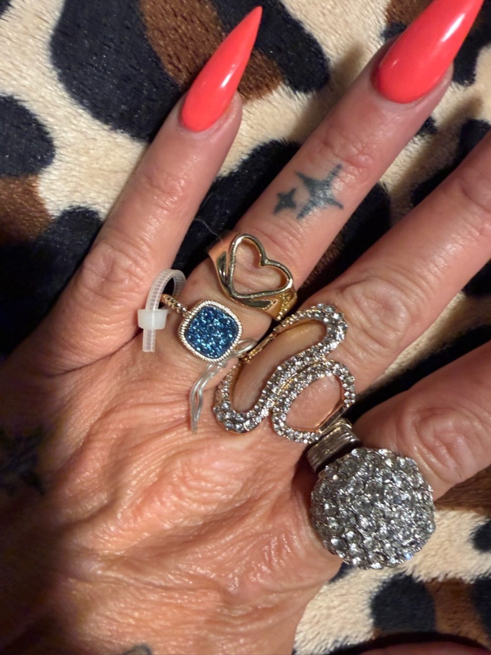 Gold Heart & Crystal Statement Ring Set with Blue Druzy Accent - Women Jewelry